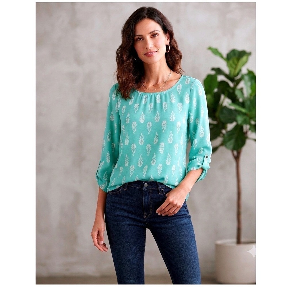 Pixley Womens Top M Medium Feather Print 3/4 Sleeve Blouse Shirt Green